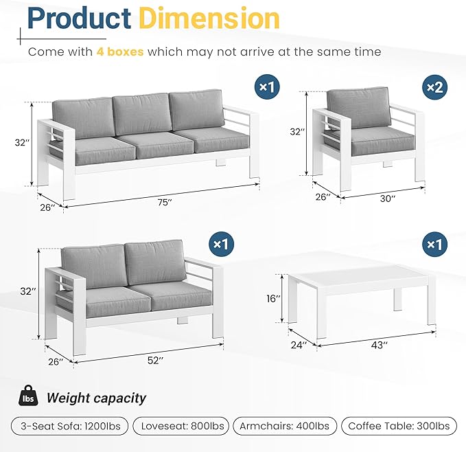 Outdoor Conversation Sets, Aluminum Patio Couch with Outdoor Coffee Table, All-Weather Metal Patio Couch with 5" Thick and Soft Cushion and Wide Arm, Outdoor Sofa Sets for Balcony, Porch, White