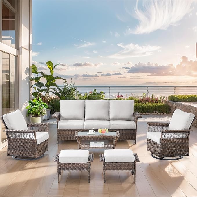 Outdoor Wicker Patio Furniture Set - 6 Piece Rattan Patio Conversation Sets with 2 Swivel Rocking Chairs,2 Ottomans,1 Sofa and 1 Coffee Table for Porch Deck Garden(Brown/Beige)