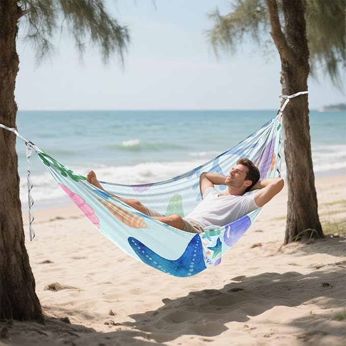 Childish Watercolor Under Marine Starfish Colorful 330lb Capacity Outdoor Hammocks Hanging Hammock for Indoor Outdoor Patio Silla colgante para Patio Exterior