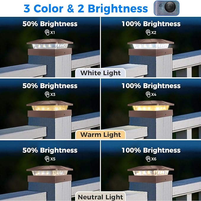 4x4 Solar Post Cap Lights Outdoor with 3 Modes, 2 Packs Brown Fence Light Solar Powered Waterproof for 4x4 3.5x3.5 Wood/Vinyl Posts for Deck Yard Garden Patio Outside