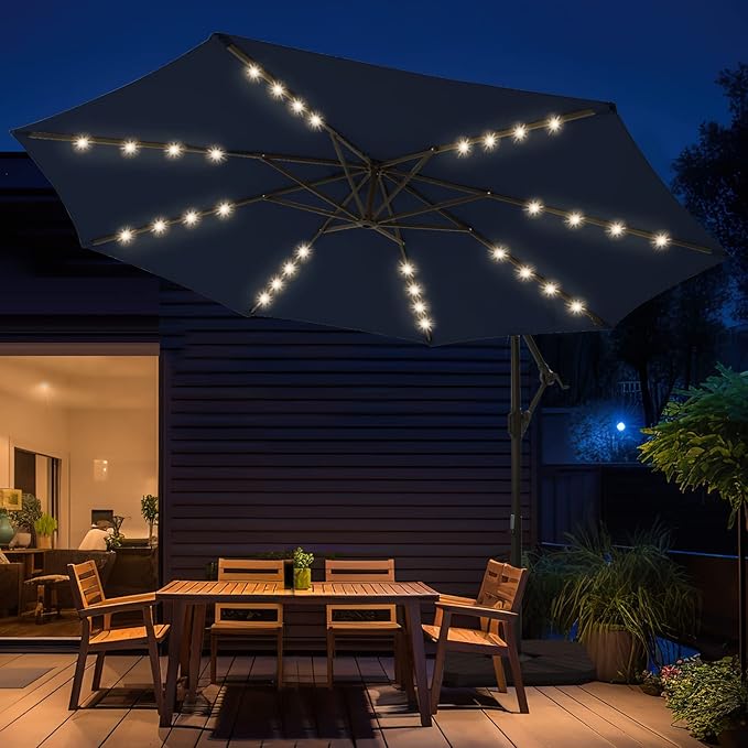 wikiwiki 10ft Solar LED Offset Hanging Market Cantilever Patio Umbrella for Backyard, Poolside, Lawn and Garden, Easy Tilt Adjustment, Polyester Shade & Cross Base, Navy