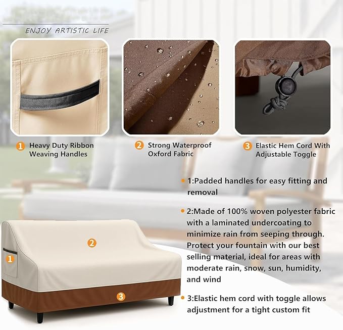 Waterproof Patio Loveseat Cover, 78.7W x 38.2D x 35H inches Heavy Duty 600D Weather-Resistant Outdoor Furniture Protector Beige and Brown