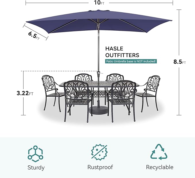 Rectangular Patio Umbrella, 6.5 x 10 ft Rectangle Table Umbrellas w/Heavy Duty Ribs, Effortless Crank and Push Button Tilt, Wind Resistant Sun Umbrella for Outdoor Patio, Navy Blue