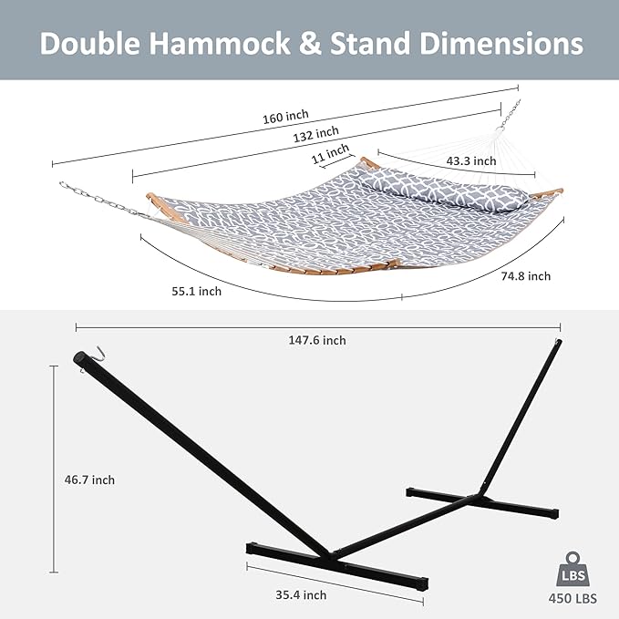 SUNCREAT 2 Person Outdoor Hammock with Curved Spreader Bar, Heavy Duty Stand, 450 lbs Capacity, Extra Large Hammock Carrying Bag