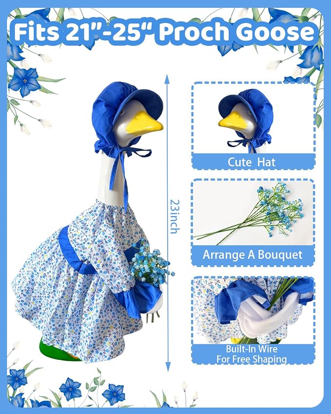 Spring Porch Goose Lady Outfits with Artificial Flowers - 23" Floral Dress Lawn Geese Clothes with Hat, Cute Porch Goose Summer Outfits for Patio Garden Decor, Best Gift for Mom Grandma