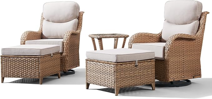 Luxury Outdoor Swivel Rocker Patio Chairs Set of 5, High Back Swivel Patio Chairs with Side Table 6-Inch Thick Cushions Ottomans, Wicker Outdoor Bistro Set for Porch, Yard, Deck, Yellow/Beige