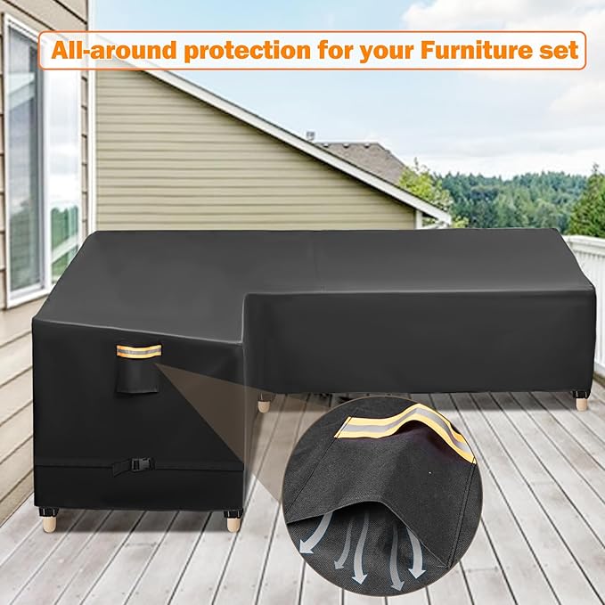 L Shaped Patio Furniture Covers, 600D Heavy Duty Outdoor Sectional Covers Waterproof for 6-Seater Couch, Left Facing, 85x110 Inch, with Air Vents , Reflective Handles, All-Weather Protection
