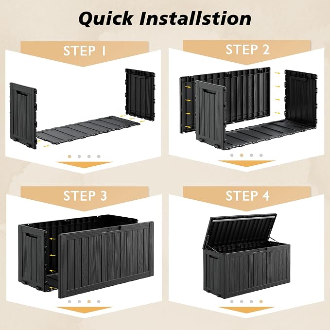 Fancyango 90 Gallon Outdoor Deck Box Waterproof, Large Storage Box for Patio, Resin Storage Bench Lockable for Garden Tools, Package Delivery, Black