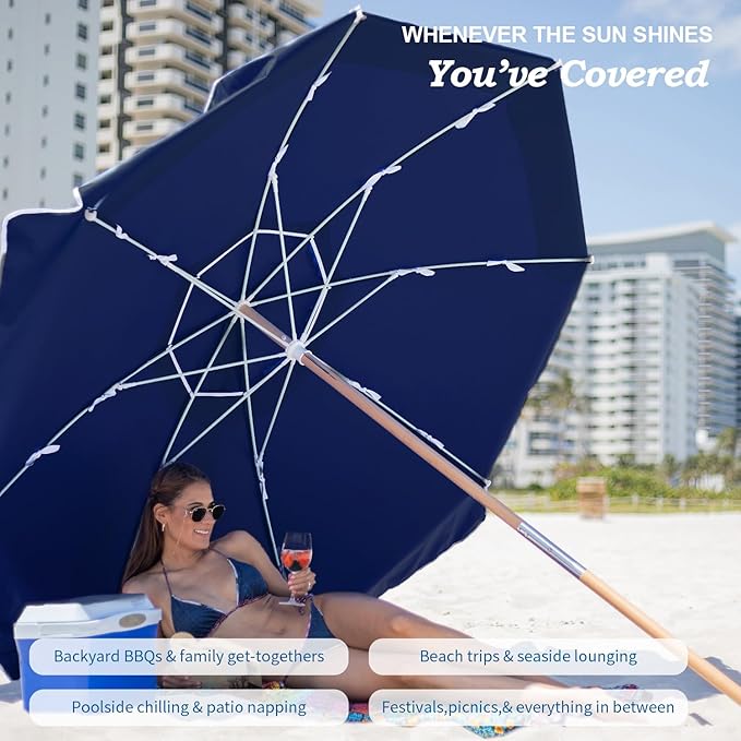 AMMSUN 7.5ft Heavy Duty HIGH Wind Beach Umbrella Commercial Grade Patio Beach Umbrella with Air Vent Ash Wood Pole & Carry Bag UV 50+ Protection Navy Blue