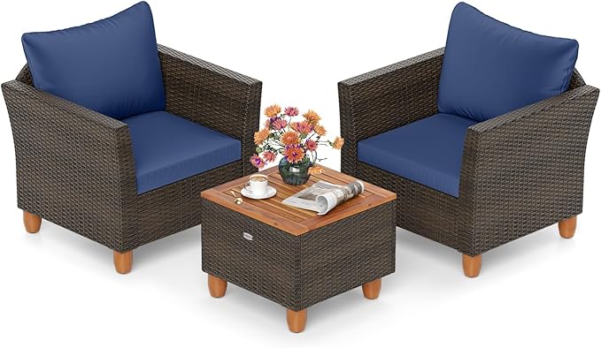 HAPPYGRILL 3-Piece Patio Conversation Furniture Set Outdoor Wicker Sofa Set with Soft Cushions & Coffee Table for Balcony Backyard Porch
