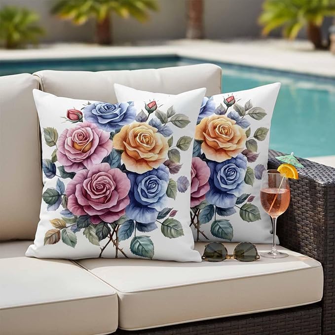 Spring Rose Outdoor Waterproof Throw Pillow Covers Set of 2, 16"x16", Botanical Watercolor Pink Orange Blue Flower Leaf Decorative Pillow Covers Outside Cushion Case for Patio Porch Garden