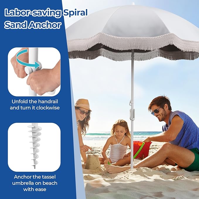 Tangkula 6.5FT Beach Umbrella with Fringe, UPF50+ Outdoor Boho Umbrella with Tassels, Push Button Tilt, Sand Anchor, 8 Ribs, Vintage Patio Umbrella with Carry Bag for Sand Deck Pool Garden Backyard