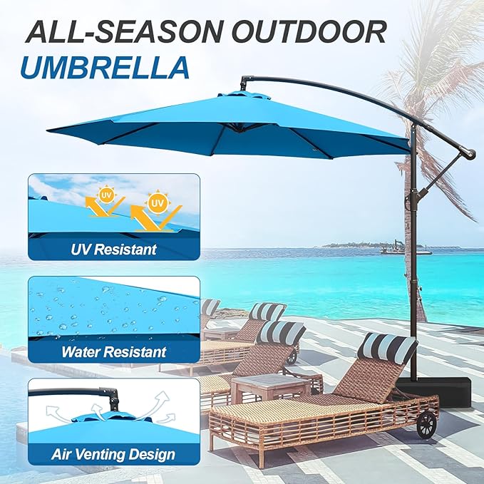 BPS 10ft Patio Umbrella with Base Included, Outdoor Offset Cantilever Umbrella with Easy Tilt Adjustment, UV-Blocking Polyester Shade, 8 Ribs for Backyard, Poolside, Lawn and Garden
