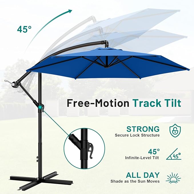 AreShark 10FT Patio Outdoor Umbrella, Offset Patio Umbrella Cantilever Umbrella, 6 Sturdy Ribs, Easy Adjustment for Garden Market Pool with Cross Base (Royal Blue)