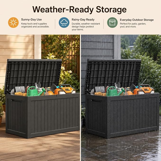 Outdoor Deck Patio Storage Box - 280 Gallon Large Outdoor Deck Box, Plastic Storage Bin with Lid, Outside Toy Box & Pool Storage Container for Cushions, Garden Tools, Towel, Black