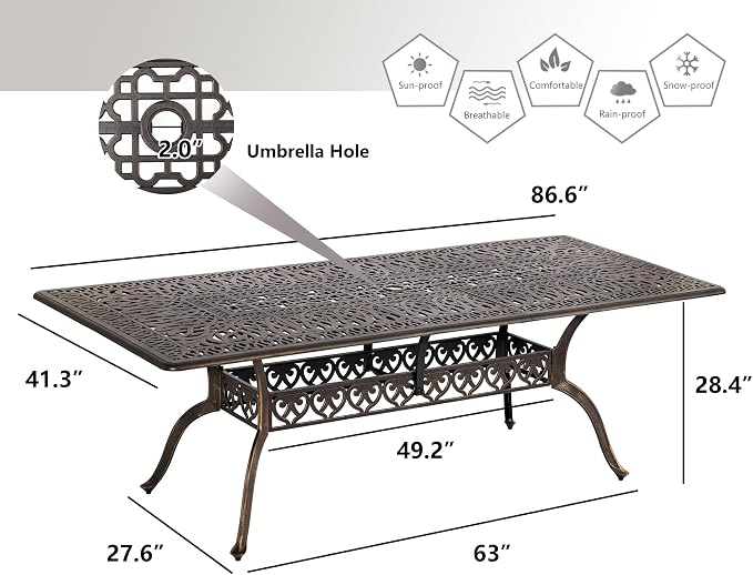 Grepatio 86.6" Patio Dining Table Outdoor Cast Aluminum Large Table, 8 People Party Table with 2" Umbrella Hole for Lawn Backyard Garden, Bronze and Blak 86.6" L x 41.3" W x 28.4" H