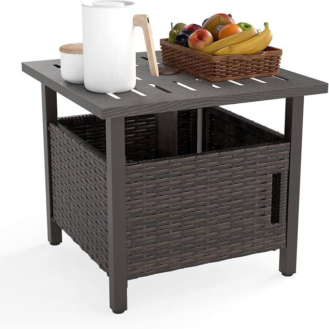 Outdoor Side Table with Umbrella Hole, Umbrella Table with Zinc-Iron Alloy Tabletop, 2 Sand Bags & Single-Door Cabinet, 22" Wicker End Table for Patio, Garden, Porch, Poolside(Mix Brown)