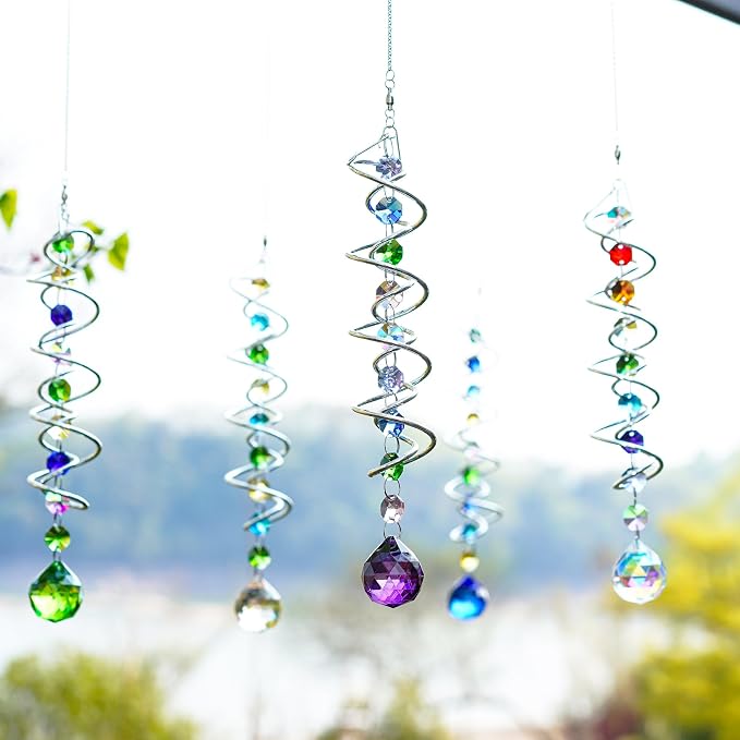 5 Pack Crystal Gazing Ball Spiral Wind Spinner Garden Decor | Crystal Suncatcher Wind Spinner with Spiral Tail Gazing Ball Hanging for Indoor Outdoor Garden Patio Yard Home Decor