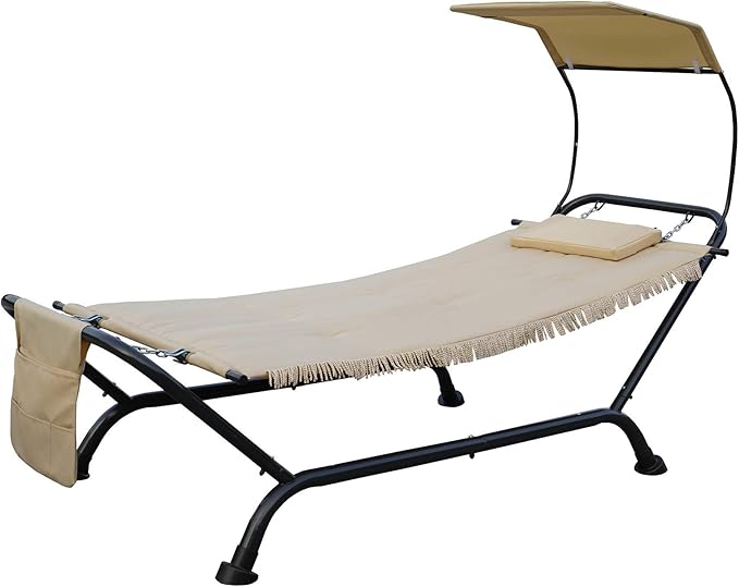 Kozyard Ailsa Outdoor Patio Hammock with Stand, Pillow, Storage Pockets (Beige Canvas and Black Frame)