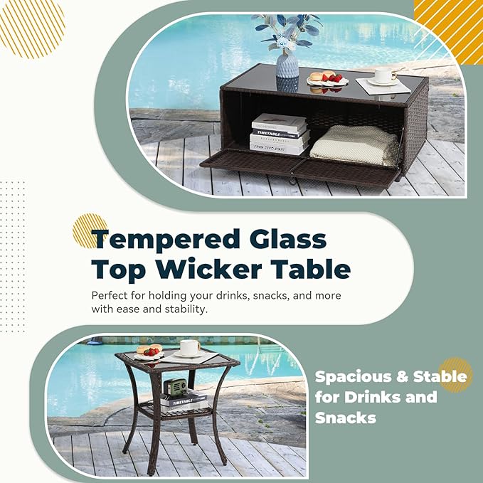 7 Pieces Outdoor Furniture Set with Swivel Chairs, Wicker Patio Furniture for Porch Deck Bistro Lawn Garden Backyard Poolside- Brown Rattan/Khaki