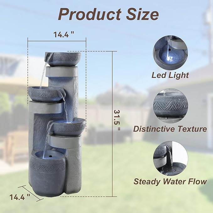 28" Outdoor Water Fountain with Led Lights, 4-Tiered Owl & Calla Lil Water Fountain, Outdoor Garden Waterfall Decor for Garden, Patio, Courtyard (32" Modern Pottery)