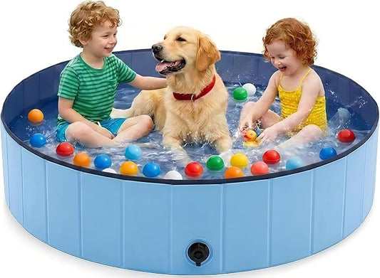 Eooqi Foldable Dog Pool, Collapsible Pet Bath Tub & Kiddie Wading Pool, Portable Hard-Side Dog Swimming Pool for Puppies, Small & Medium Dogs, Cats and Kids (Blue, 48"-L)