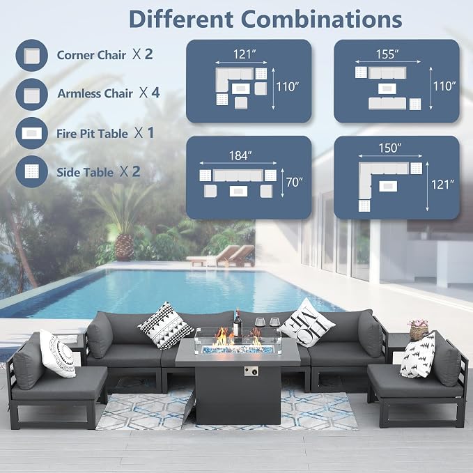 RADIATA 9 Pieces Aluminum Patio Furniture Set with Fire Pit Table, Morden Outdoor Sectional Sofa, Large Conversation Seat with Thick Cushion for Garden Backyard Deck Porch (Grey)