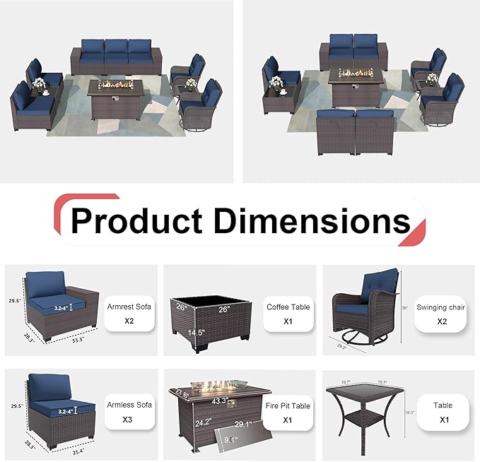 Patio Sofa Set 10-Pieces PE Rattan Swivel Rocking Chairs Outdoor Furniture Set w/43in Gas Fire Pit Table, Navy Blue