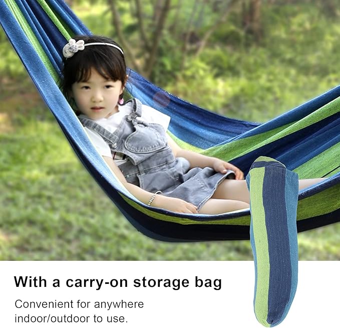 Camping Hammock Portable Outdoor Travel Lightweight Hammock with Hardwood Spreader Bar for Camping Hiking Made of Canvas Blue with Color Stripe Approx 240x150cm 1230g