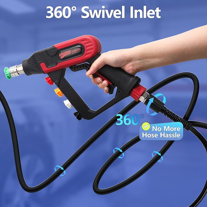 Short Pressure Washer Gun with Swivel, 5000 PSI Power Washer Gun, 3/8" Quick Connect, M22-14mm and M22-15mm Adapter, 5 Nozzle Tips, Trigger Lock for Car Wash and Cleaning