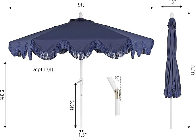 JONATHAN Y UMB1001 Collins 9 ft. Classic Cottage Tassel Market Patio Umbrella with Auto-Tilt, Crank, Wind Vent and UV Protection