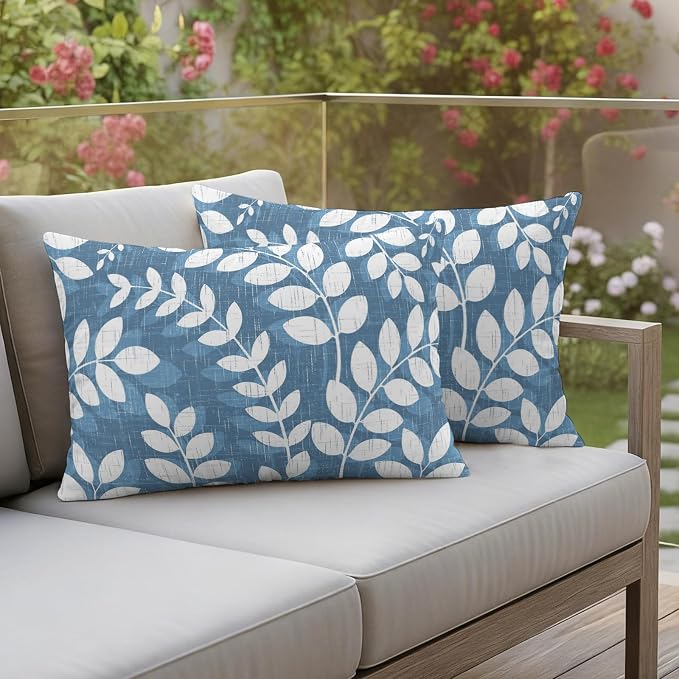 Lake Blue Leaves Outdoor Waterproof Throw Pillow Covers 20x12 Set of 2, Farmhouse Botanical Branch Vintage Boho Leaf Decorative Pillowcases Cushion Pillowcase for Couch Sofa Patio Pillow Protector