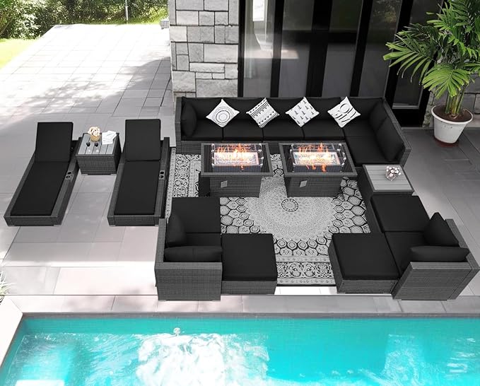 NICESOUL 18 Piece Extra Large Luxury Patio Furniture Set with Firepit, Outdoor Sectional w/Chaise Lounge, Comfy 29.3" High Back Couch Deep Seat, All-Weather Wicker Conversation Set, Gray & Black