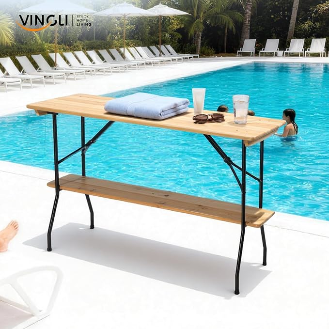 VINGLI 70-Inch 2-Tier Wooden Folding Table, Folding Picnic Table with Sturdy Metal Frame, Lower Tabletop Removable for Easy Use,Perfect for Picnics, BBQs, Parties, Bars, and Camping