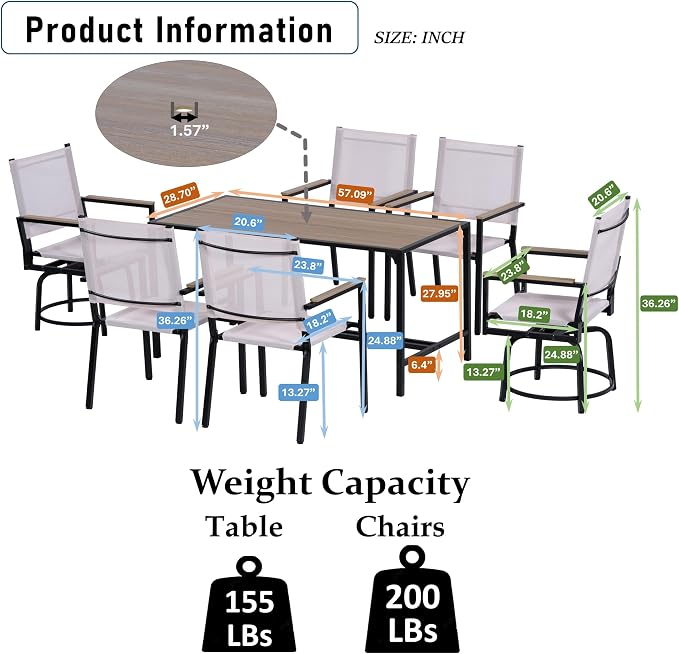 7 Piece Patio Furniture Set High Top Table and Chairs Outdoor Bar Table Set with 6 Stackable Textilene Chairs Large Rectangular Table Brown Outdoor Dining Set for Garden Yard Poolside Backyard Patio