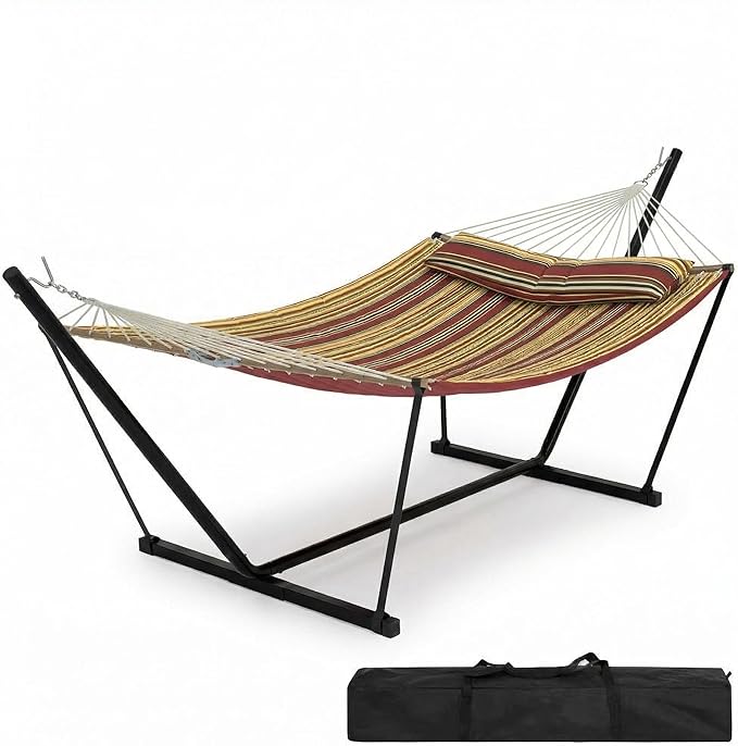IDEALHOUSE 2-Person Hammock with Stand 450lbs Capacity Padded Polyester Heavy-Duty Steel Frame with Portable Carry Bag for Patio Backyard Poolside (Wine Red Brown Yellow Stripe)