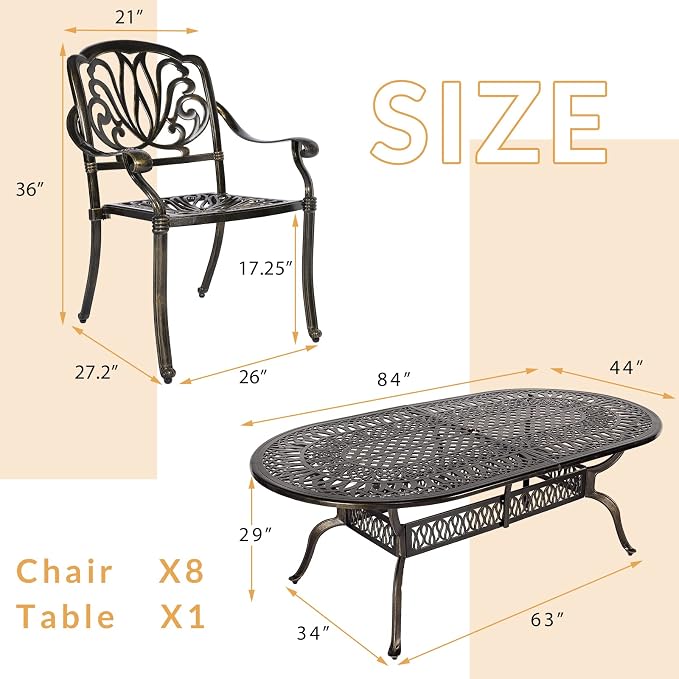 9-Piece Patio Dining Set, Outdoor Patio Table and Chair Set of 84” Oval Cast Aluminum Dining Table with Umbrella Hole and 8 Outdoor Dining Chairs, Patio Funiture Set for Lawn Garden