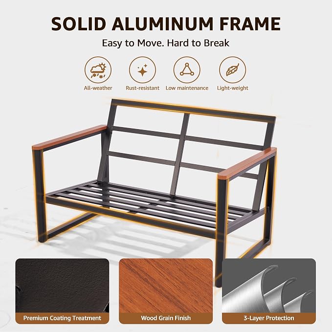 NATURAL EXPRESSIONS Aluminum Outdoor Furniture Armchair, Patio Chairs Set of 2 with Fauxwood Armrest, 6" Olefin Cushion, All-Weather Outside Chair for Porch, Yard, Balcony, Deck