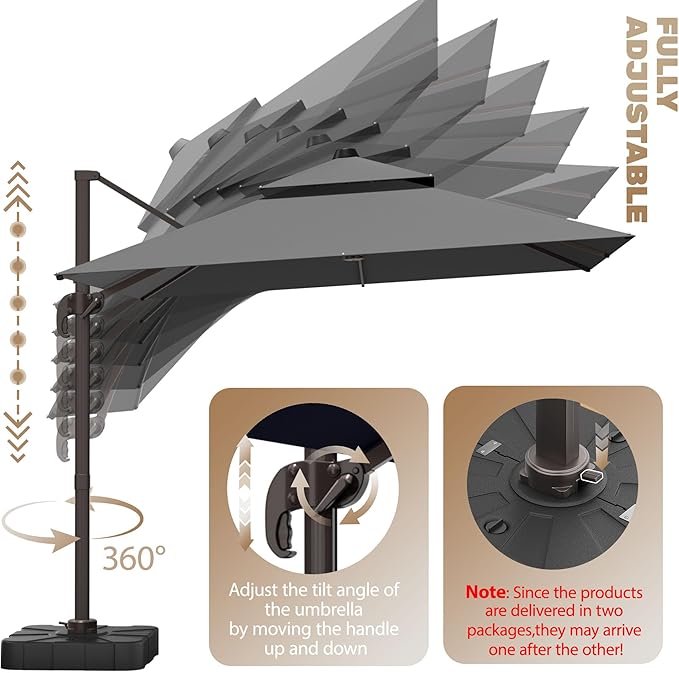 10x10Ft Patio Umbrella Outdoor Cantilever Rectangle Umbrella with Base Included, 6-Level Tilt & 360° Rotation Offset Umbrella for Garden, Deck, Pool(Grey)