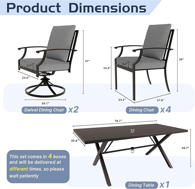 ALAULM 7-Piece Patio Dining Table and Chairs for 6 Outdoor Dining Set with 2 Swivel Chairs Patio Dining Sets with Rectangular Metal Table with Umbrella Hole for Patio, Backyard, Garden-Grey