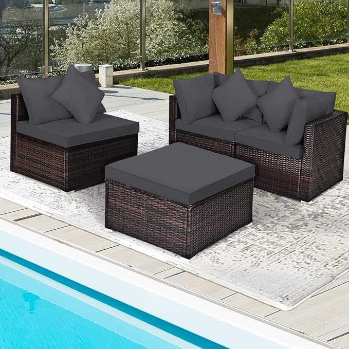 HAPPYGRILL 4PCS Patio Conversation Set Outdoor Wicker Sofa Set, Modern Sectional Couch Set with Washable Cushions & Pillows, All Weather PE Rattan Patio Furniture Set
