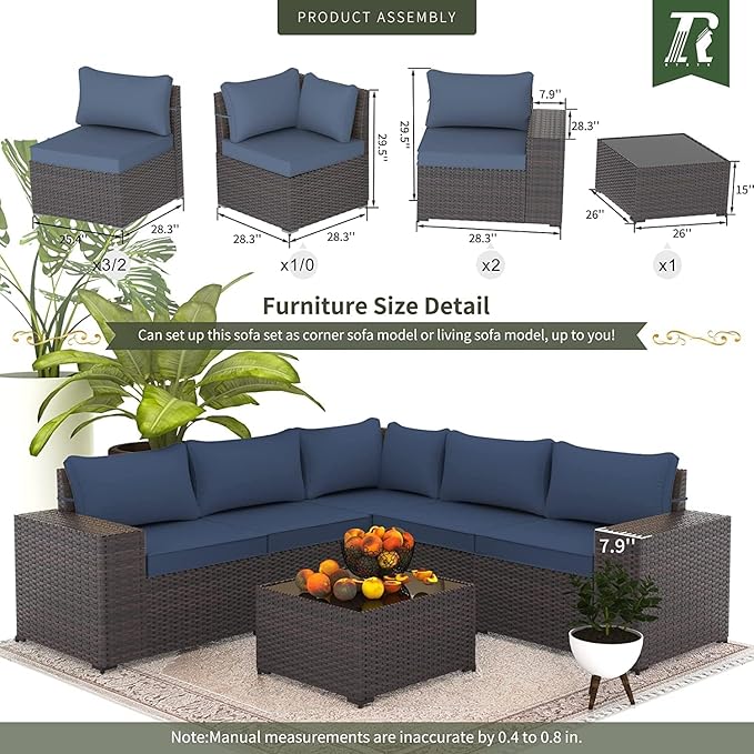 6 PCS Outdoor Patio Furniture Set,Outdoor Sectional Furniture All Weather PE Rattan Wicker Patio Conversation Set with Coffee Table and 5 Thickened Cushions,Navy Blue