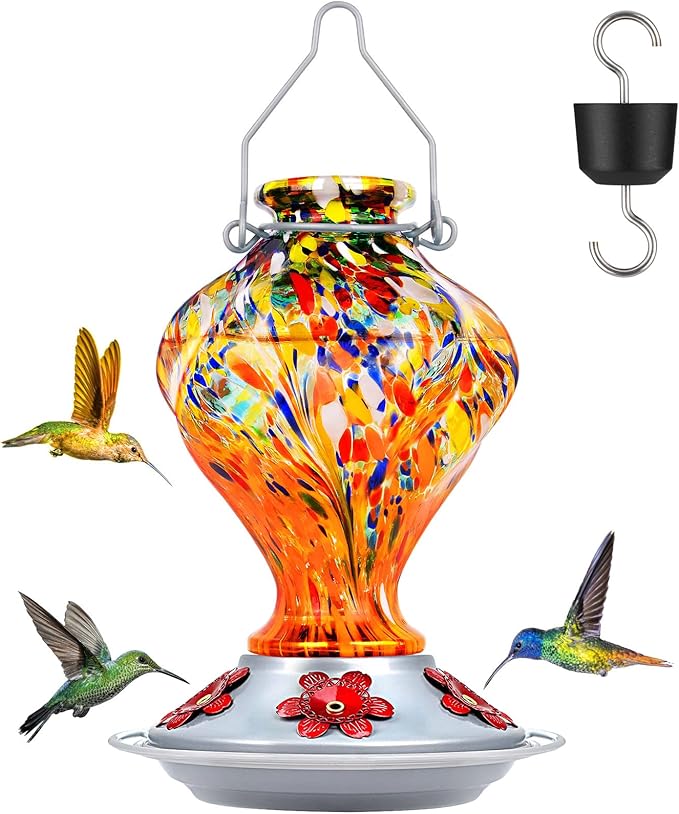 Hummingbird Feeder, BOLITE Glass Hummingbird Feeders for Outdoors Hanging, Hand Blown Twisted with Ant Moat, 5 Bee-Proof Ports, 360° Perch, Leak-Proof, 24oz, Orange, Gifts for Mom Dad Women Men