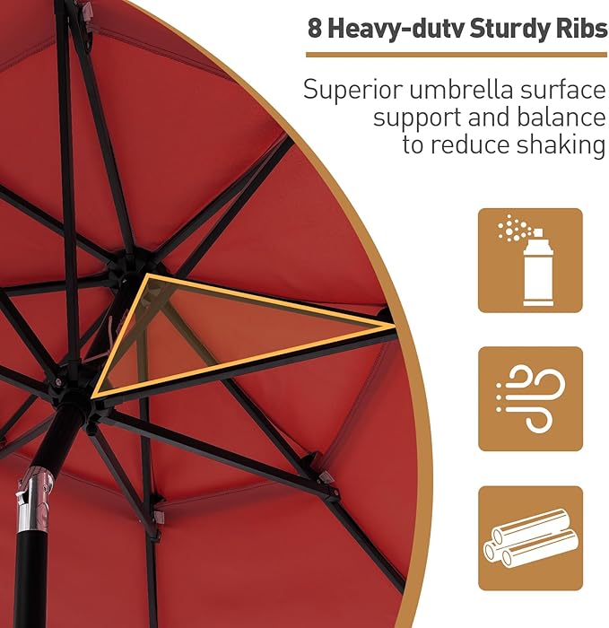 11FT 3 Tiers Patio Umbrella for Outside, Outdoor Umbrella with Solar LED Lights, Market Patio Table Umbrella with 8 Sturdy Ribs, Pool Umbrella for Garden, Pool, Backyard, Burgundy