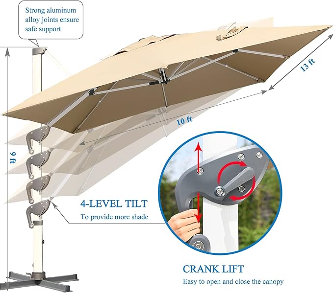 LKINBO 10x13 FT Rectangle Cantilever Umbrella with Cross Base, Heavy Duty Large Patio Umbrella 360 Degree Rotation Outdoor Offset Umbrella with Easy Tilt & Crank for Pool Deck Backyard, Khaki