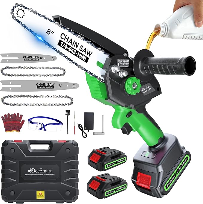 Mini Chainsaw with 1000W Brushless Motor, 8 inch & 6 inch 2 Rechargeable Batteries Handheld Small Chain Saw for Wood Cutting, Gardening Gifts for Father Dad Men