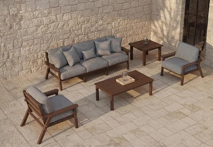7 Piece Patio Conversation Sets, Outdoor Couch with Washable Thick Gray Cushions, HDPE Patio Furniture Set, Outdoor Sectional Furniture for Backyard, Deck, Lawn, Porch (Brown Frame)