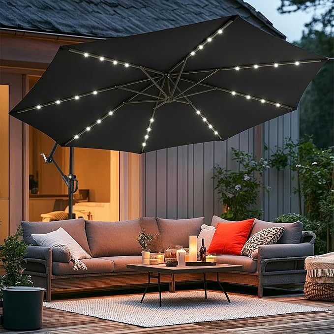 wikiwiki 10ft Solar LED Offset Patio Umbrella, Outdoor Cantilever Patio Umbrellas with Solor Lights for Backyard, Poolside and Garden, Easy Tilt Adjustment, 32 LED Lights & Polyester Shade, Black