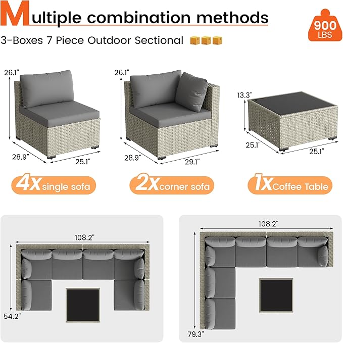 8 Piece Patio Furniture Set with 44" Fire Pit Table, Outdoor Sectional Wicker Rattan Sofa Set with Coffee Table (Grey/Grey)