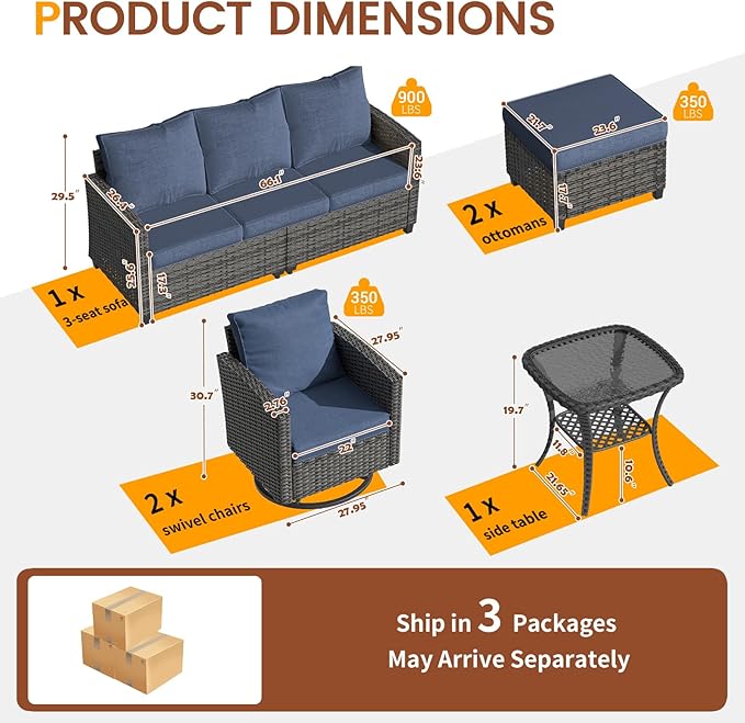 UDPATIO Patio Furniture Set, 6 Pieces Outdoor Sectional Couch with Swivel Rocking Chair, Gray Wicker Rattan Sofa with Side Table, 4" Thick Cushion for Garden Backyard Deck,Blue